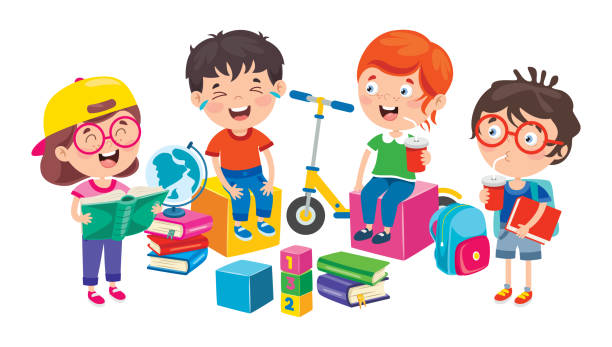šťastné roztomilé kreslené školní děti - školky stock ilustrace