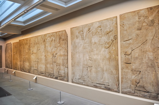 London, UK - April 2019: Assyrian reliefs in British Museum