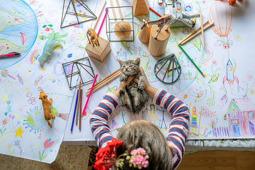 A young child drawing something while playing with her kitty