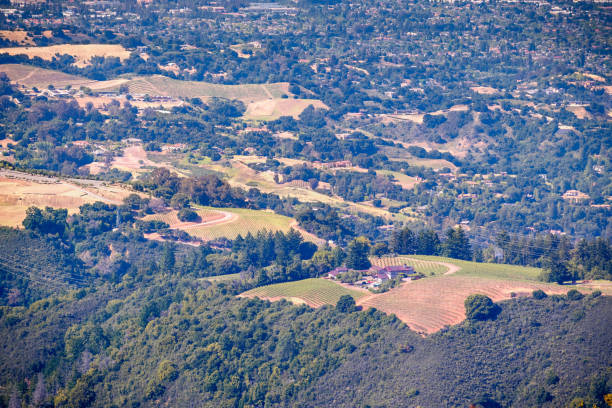산타 크루즈 산맥, �사라토가, 캘리포니아에서 포도원과 저택으로 덮여 언덕의 공중 보기 - winery vineyard california town of vineyard 뉴스 사진 이미지