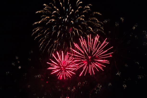 istock Beautiful Holiday background with red fireworks 1227423790