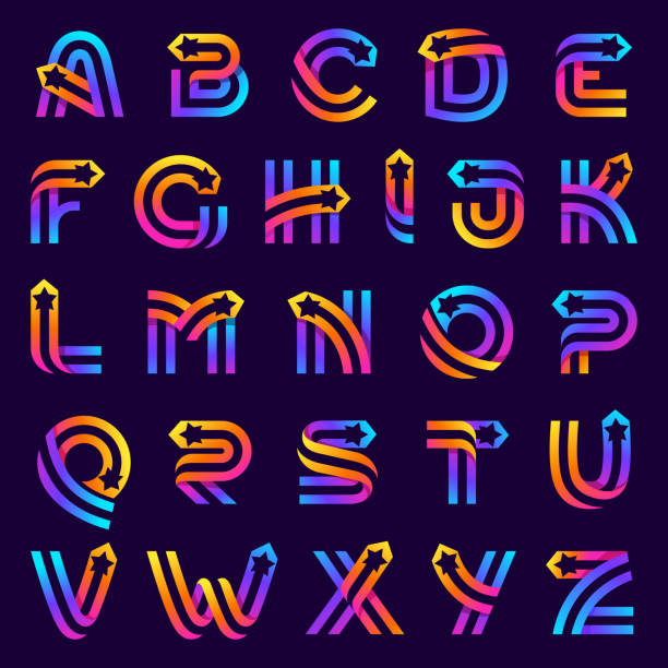 내부에 별이있는 알파벳. 벡터 평행선 아이콘입니다. - ribbon typescript letter vector stock illustrations