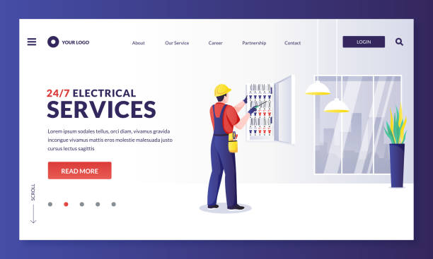Electrician repairs electricity, installs fuse. Engineer makes house repair works. Vector worker character illustration Electrician repairs electricity or installs fuse. Engineer makes house repair works. Vector flat cartoon worker character illustration. Home repair, maintenance and electric works services concept electrician stock illustrations