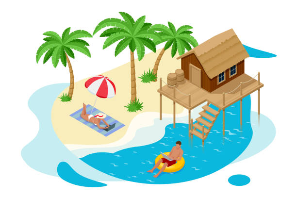 koncepcja izometrycznego urlopu na wakacje. czas letni. luksusowy bungalow na dachu strzechą nad wodą w kurorcie dla nowożeńc�ów w jasnej błękitnej lagunie z widokiem na tropikalną wyspę. tropikalne wakacje - thatched roof illustrations stock illustrations