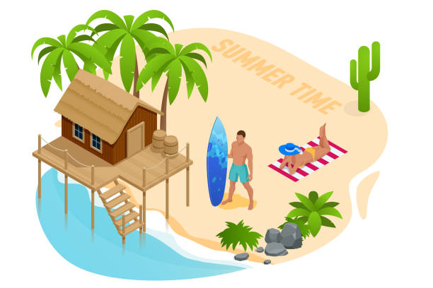 koncepcja izometrycznego urlopu na wakacje. czas letni. luksusowy bungalow na dachu strzechą nad wodą w kurorcie dla nowożeńców w jasnej błękitnej lagunie z widokiem na tropikalną wyspę. tropikalne wakacje - thatched roof illustrations stock illustrations