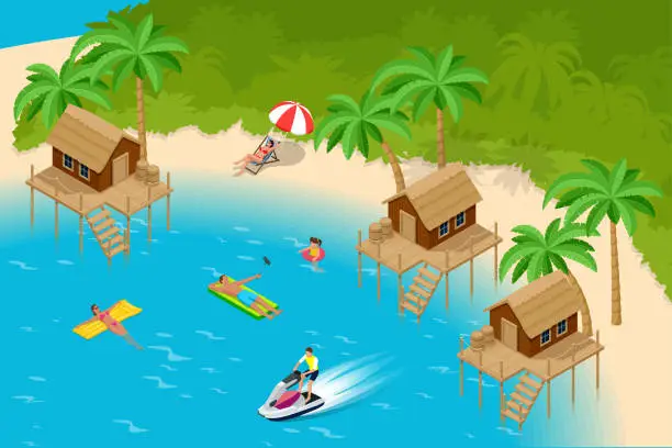 Vector illustration of Isometric Summer Vacation concept. Summer time. Luxury overwater thatched roof bungalow in a honeymoon vacation resort in the clear blue lagoon with a view on the tropical island. Tropical vacations