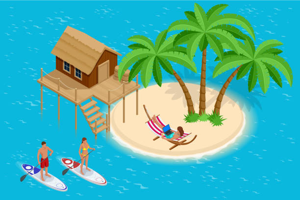 ilustrações de stock, clip art, desenhos animados e ícones de isometric summer vacation concept. summer time. luxury overwater thatched roof bungalow in a honeymoon vacation resort in the clear blue lagoon with a view on the tropical island. tropical vacations - hawaii islands tropical climate mountain residential structure