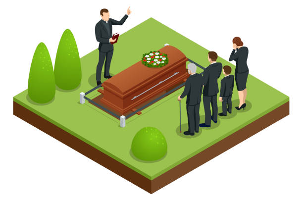 Isometric Funeral ceremony at the cemetery. Sad and crying people in black clothes are standing with flowers near the tomb. Funeral services Isometric Funeral ceremony at the cemetery. Sad and crying people in black clothes are standing with flowers near the tomb. Funeral services. child casket stock illustrations