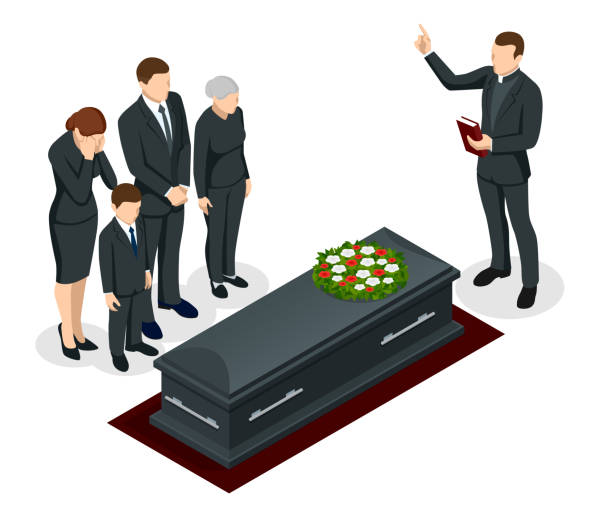 Isometric Funeral ceremony at the cemetery. Sad and crying people in black clothes are standing with flowers near the tomb. Funeral services Isometric Funeral ceremony at the cemetery. Sad and crying people in black clothes are standing with flowers near the tomb. Funeral services. child casket stock illustrations