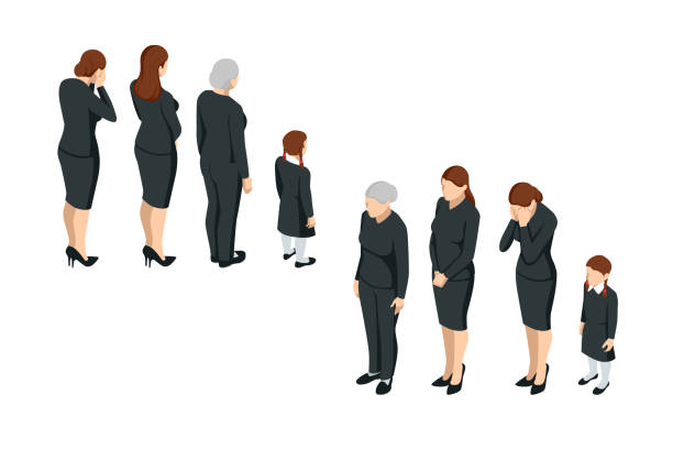 ilustrações, clipart, desenhos animados e ícones de mulheres isométricas e uma criança com roupas pretas. gre, luto, perda de entes queridos, funeral. - widow family funeral mourner