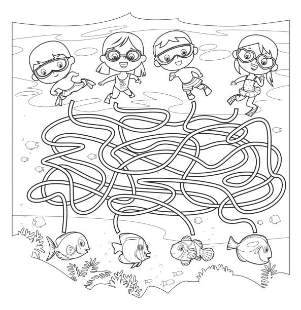 illustrations, cliparts, dessins animés et icônes de noir et blanc, labyrinthe, plongée - natural pool fish sea water