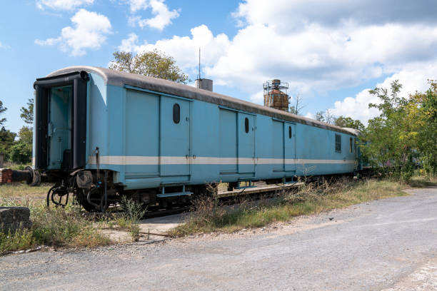 istock Old freight wagon on the railway isolated 1227431512