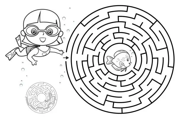 Vector illustration of Maze girl diving under the sea