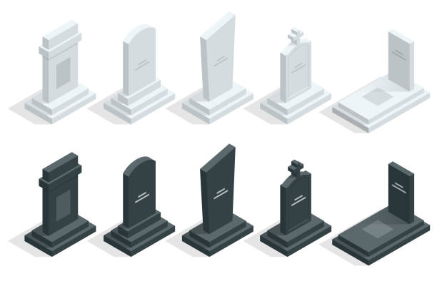 Isometric Set of tombstones in cemetery isolated om white. Death, coffin, funeral. Isometric Set of tombstones in cemetery isolated om white. Death, coffin, funeral national cemetery stock illustrations