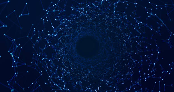 istock Gateway of space tunnel portal for future with with flickering light grid wireframe wall dot line and circle swirl wave surface with door for digital space galaxy science technology abstract concept 1227436843
