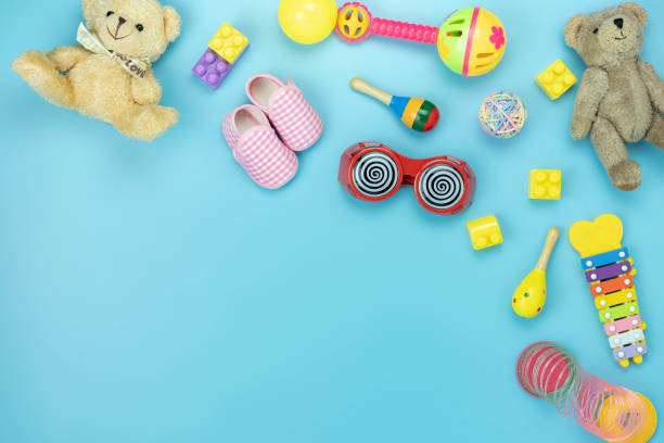 istock Table top view decoration kid toys for develop background concept.Flat lay accessories baby to play with items child on modern blue paper at office desk.Copy space for add text.pastel tone wallpaper. 1227436985