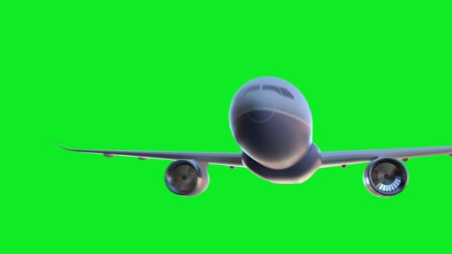 Passenger airplane flies into the screen. Aircraft Transition On Green Screen