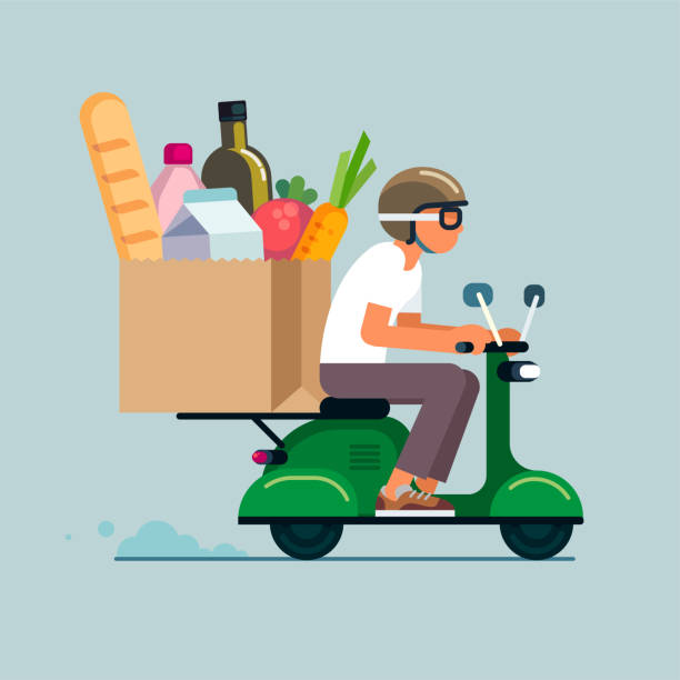 illustrazioni stock, clip art, cartoni animati e icone di tendenza di consegna di generi alimentari in scooter - paper bag illustrations