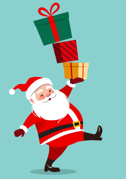 귀여운 산타 클로스 문자는 현대 플랫 스타일의 아쿠아 녹색 배경에 고립 된 큰 다채로운 선물 상자의 스택을 들고. 크리스마스 테마 디자인 요소 벡터 만화 일러스트 - santa stock illustrations