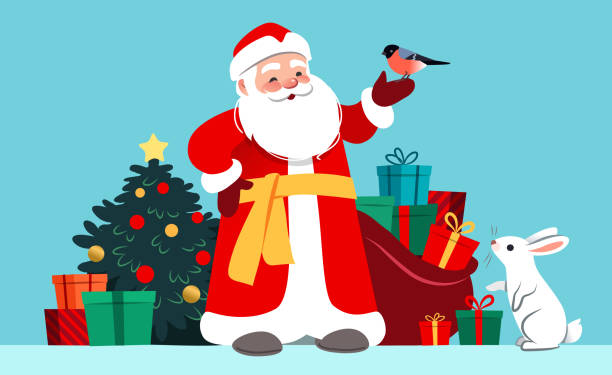 Russian Santa Claus In Long Red Robe With Christmas Tree Wrapped Gifts Sack  Of Gifts Hare And Bird Christmas New Year Vector Cartoon Character  Illustration For Greeting Cards Posters Ads Stock Illustration -