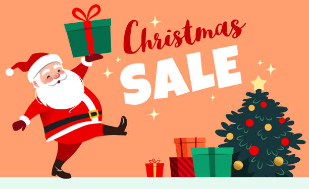 ilustrações de stock, clip art, desenhos animados e ícones de cute smiling santa claus marching carrying a wrapped gift, christmas sale caption, decorated christmas tree with presents in the background. christmas sale design element for retail promotional poster - caption