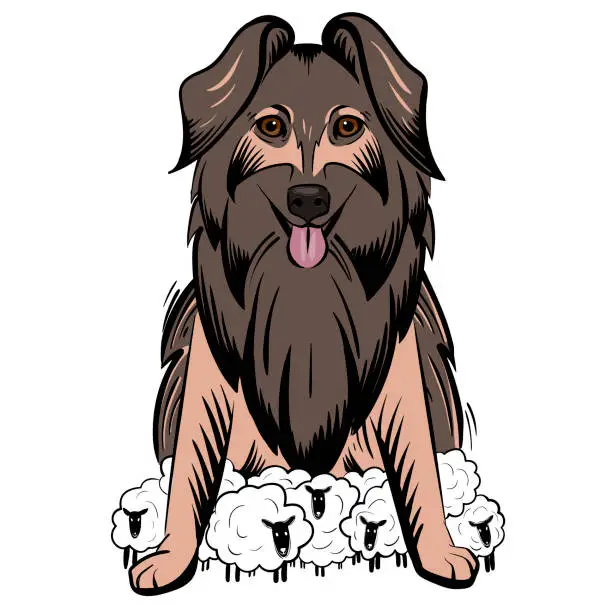 Vector illustration of Shepherd dog vector illustration; brown sheep-dog illustration; dog with sheeps