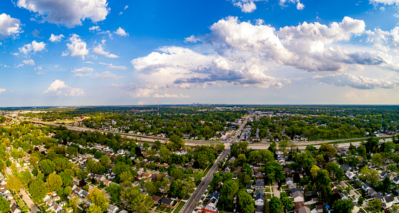 An aerial view of the suburbs of Detroit Michigan in summer