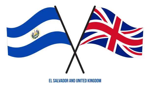 Vector illustration of El Salvador and United Kingdom Flags Crossed Flat Style. Official Proportion. Correct Colors