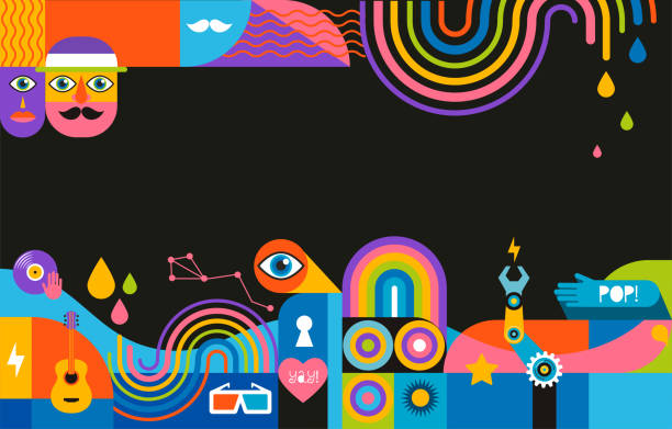 ilustraciones, imágenes clip art, dibujos animados e iconos de stock de fondo abstracto geométrico, concepto de arte de la pared de la calle, festival, feria de la calle, cartel del evento del carnaval, diseño del estandarte. diseño e ilustración vectorial - colores ilustraciones