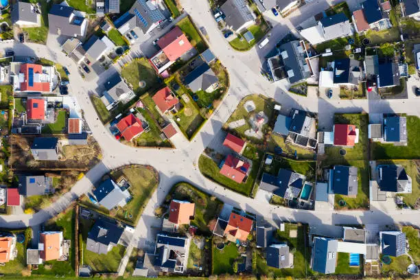 Aerial view of modern housing development.