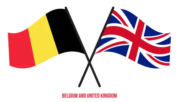 Vector illustration of Belgium and United Kingdom Flags Crossed And Waving Flat Style. Official Proportion. Correct Colors