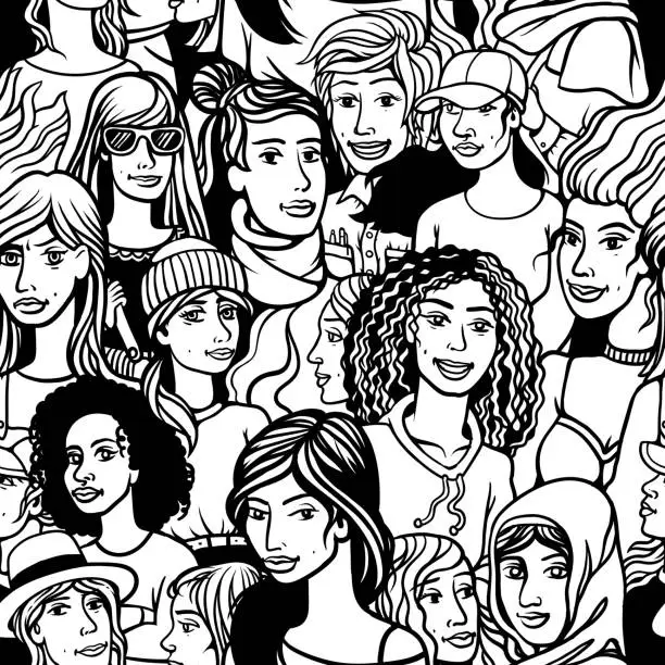 Vector illustration of different girls seamless vector pattern