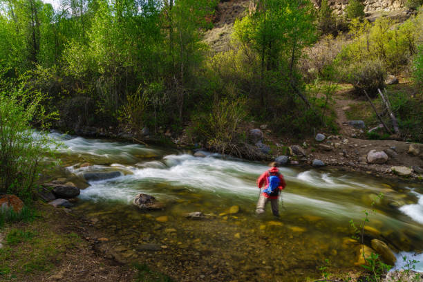 istock Man Crossing Scenic Wilderness Creek 1227455062