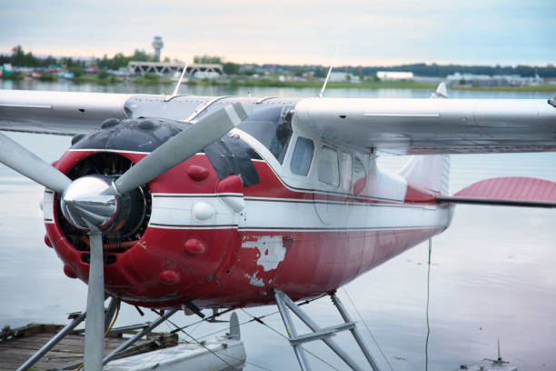 istock Red and White Float plane resting at dock in lake in Alaska 1227455613