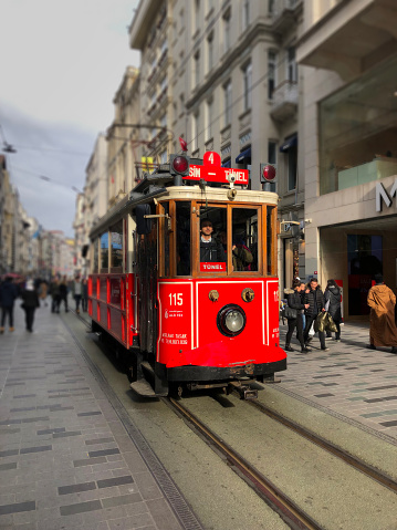 Istanbul, Turkey - December 27, 2018: View from Taksim Square with nostalgic tram.