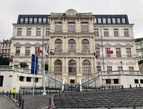 Sishane, Istanbul - April 5, 2020 : Restored historic Beyoglu Municipality Presidential Building exterior view. Turkey