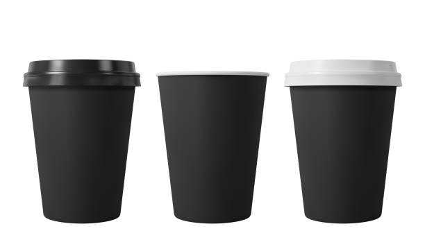 istock Black paper coffee cups with black and white lids. Open and closed middle paper cup. Realistic vector mockup. 1227458035