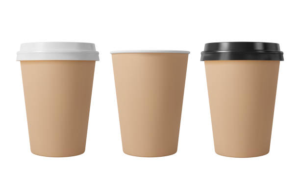 istock Brown paper coffee cups with black and white lids. Open and closed middle paper cup. Realistic vector mockup. 1227458037