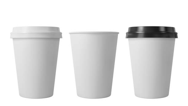 Paper coffee cups with black and white lids. Open and closed middle paper cup. Realistic vector mockup. Paper coffee cups with black and white lids. Open and closed middle paper cup. Realistic vector mockup giant cup of coffee stock illustrations