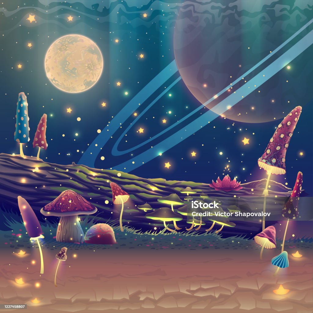 Digital Fantasy Mushroom Garden Or Magic Park Illustration Night Forest  Landscape Art With Stars Moon Planets In Space Outdoor Fairy Tale Drawing  Summer Nature Poster Beautiful Wallpaper Stock Illustration - Download Image