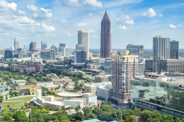 Atlanta Skyline Aerial View of Downtown Atlanta (Midtown) and Olympic Park - Atlanta, Georgia, USA southeast stock pictures, royalty-free photos & images