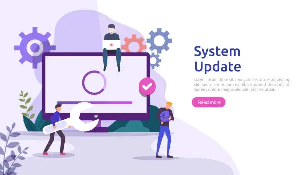 Vector illustration of operation system update progress concept. data synchronize process and installation program. illustration web landing page template, banner, presentation, UI, poster, ad, promotion or print media.