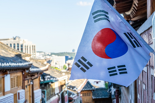 Small South Korean Flag on Brick Wall in Traditional Hanok Village - Seoul, South Korea