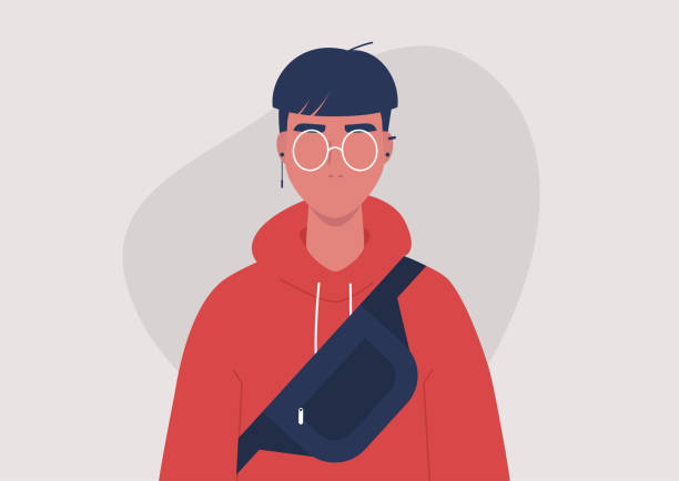 Street wear style, fashionable teenage male character wearing a hoodie, a fanny pack and jewellery accessories Street wear style, fashionable teenage male character wearing a hoodie, a fanny pack and jewellery accessories cartoon characters with big heads stock illustrations