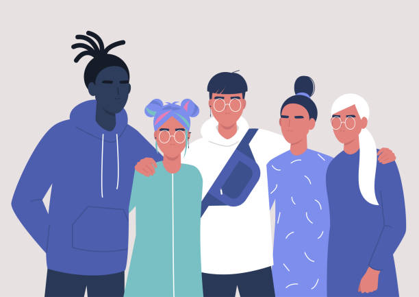 A diverse group of teenagers hugging each other, street style, generation z A diverse group of teenagers hugging each other, street style, generation z youth culture illustrations stock illustrations
