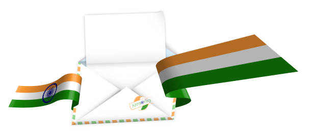 istock Concept, open envelope with blank sheet of paper wrapped in shiny festive ribbon with elements of Indian flag. Congratulatory template, an information layout 1227463722