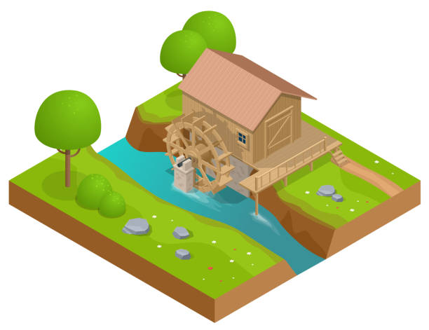 ilustrações de stock, clip art, desenhos animados e ícones de isometric wooden water mill. working watermill wheel with falling water. - water wheel