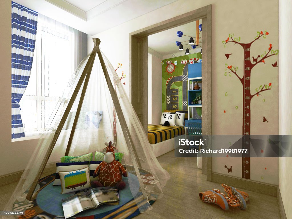 children's room 3D rendering children's room, so comfortable. Apartment Stock Photo