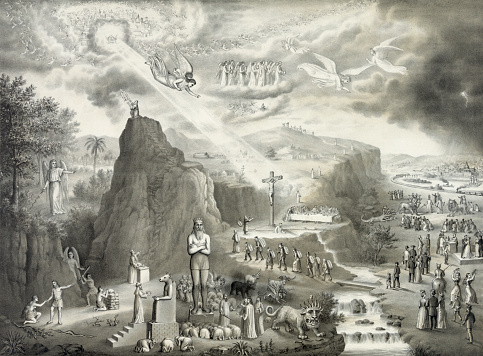 Vintage religious illustration features the fall and redemption of humanity through Jesus Christ. Among the several Biblical vignettes depicted are the Creation of Man, Adam and Eve leaving the Garden of Eden, Moses receiving the Ten Commandments, the worshipping of idols, the Crucifixion of Jesus Christ and his dying for the sins of humanity.