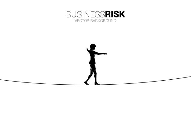 Silhouette of businesswoman walking on rope walk way. Concept for business risk and challenge in career path tightrope stock illustrations
